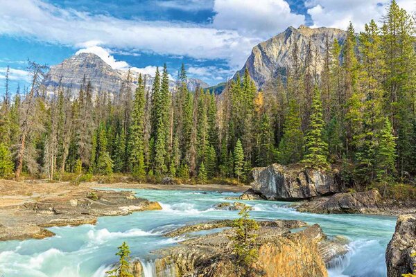 DIMEX | Vliesové fototapety na stenu Národný park Yoho MS-5-3094 | 375 x 250 cm | zelená, modrá, biela