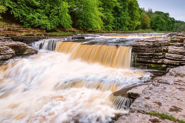 DIMEX | Vliesové fototapety na stenu Aysgarth Falls, Yorkshire MS-5-3159 | 375 x 250 cm | zelená, biela, šedá
