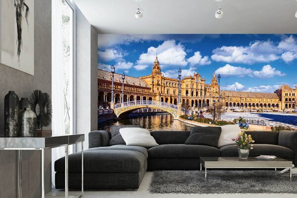 DIMEX | Vliesové fototapety na stenu Plaza de España, Sevilla MS-5-1108 | 375 x 250 cm | modrá, biela, hnedá