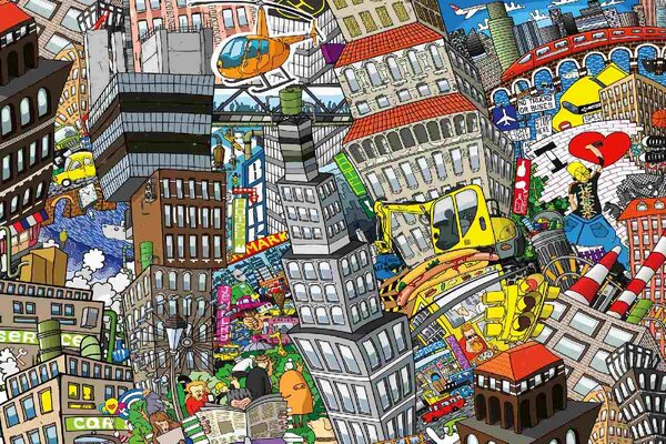 DIMEX | Vliesové fototapety na stenu Mesto Cartoon MS-5-1413 | 375 x 250 cm | červená, žltá, šedá