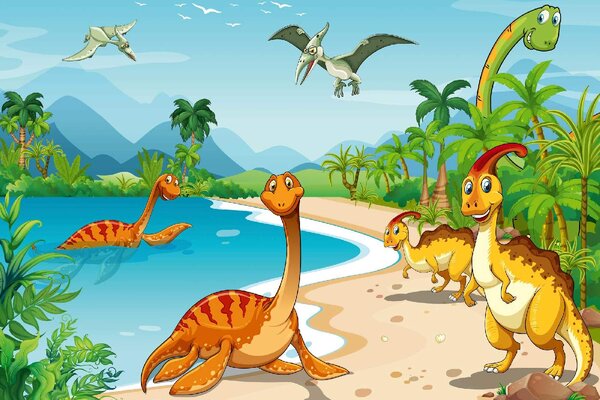DIMEX | Vliesové fototapety na stenu Dinosaury na pláži MS-5-1461 | 375 x 250 cm | zelená, modrá, oranžová
