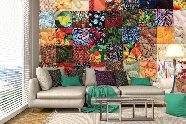 DIMEX | Vliesové fototapety na stenu Kvetinový patchwork MS-5-2505 | 375 x 250 cm | zelená, modrá, červená, žltá, oranžová