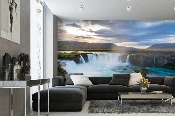 DIMEX | Vliesové fototapety na stenu Vodopád Godafoss MS-5-3192 | 375 x 250 cm | modrá, biela, šedá