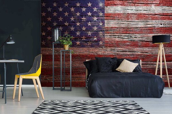 DIMEX | Vliesové fototapety na stenu Vlajka USA na dreve MS-5-3016 | 375 x 250 cm | modrá, červená, biela