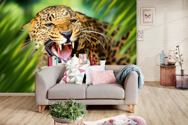 DIMEX | Vliesové fototapety na stenu Leopard v džungli MS-5-0550 | 375 x 250 cm | zelená, béžová, čierna, žltá