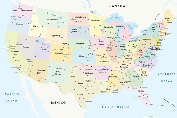 Samolepiaca vliesová fototapeta Politická mapa USA 375 x 250 cm