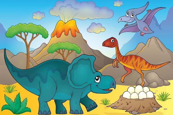 DIMEX | Vliesové fototapety na stenu Dinosaurus s vajcami MS-5-1462 | 375 x 250 cm | zelená, modrá, žltá, oranžová