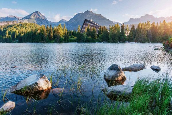 DIMEX | Vliesové fototapety na stenu Štrbské pleso MS-5-1814 | 375 x 250 cm | zelená, modrá, šedá