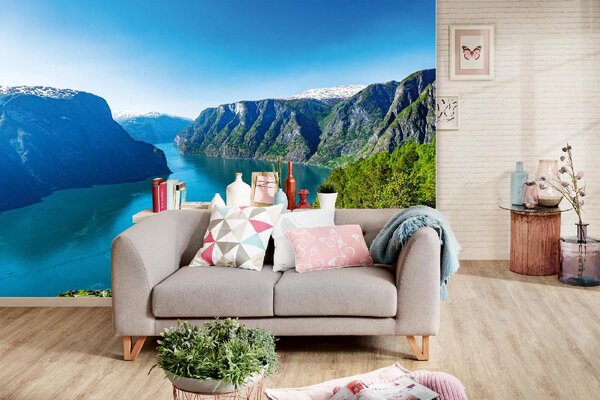 DIMEX | Vliesové fototapety na stenu Sognefjord v lete MS-5-3081 | 375 x 250 cm | zelená, modrá, biela