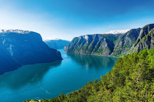 DIMEX | Vliesové fototapety na stenu Sognefjord v lete MS-5-3081 | 375 x 250 cm | zelená, modrá, biela