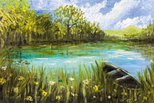 DIMEX | Vliesové fototapety na stenu Maľba - Loďka na jazere MS-5-2041 | 375 x 250 cm | zelená, modrá, biela, šedá