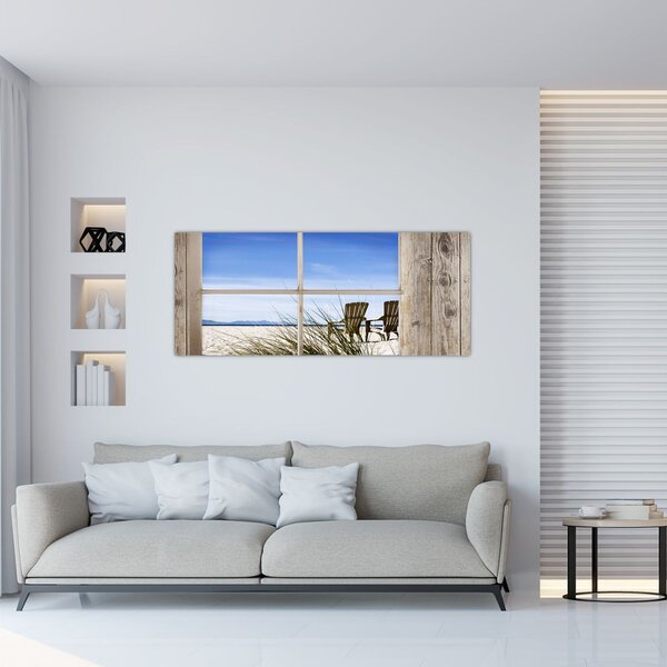 Obraz - Okno v výhľadom na pláž (120x50 cm)