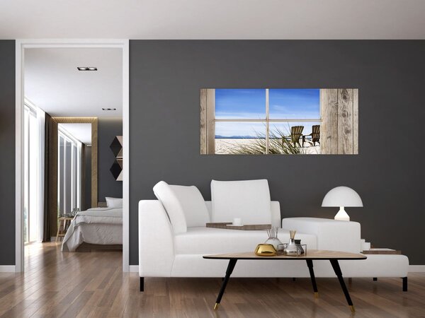 Obraz - Okno v výhľadom na pláž (120x50 cm)