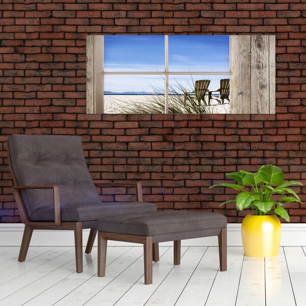 Obraz - Okno v výhľadom na pláž (120x50 cm)