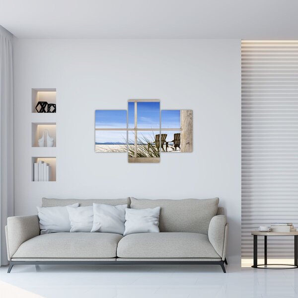 Obraz - Okno v výhľadom na pláž (90x60 cm)