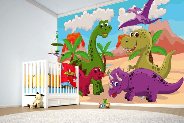 DIMEX | Vliesové fototapety na stenu Kreslenie dinosaury MS-5-1463 | 375 x 250 cm | zelená, modrá, červená, fialová