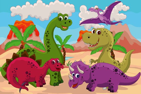DIMEX | Vliesové fototapety na stenu Kreslenie dinosaury MS-5-1463 | 375 x 250 cm | zelená, modrá, červená, fialová