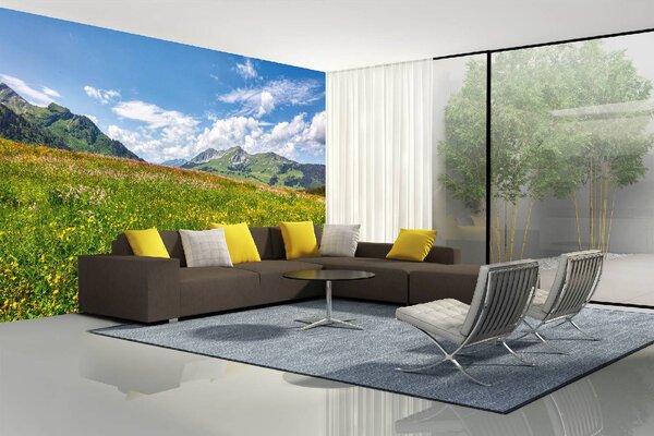 DIMEX | Vliesové fototapety na stenu Jarná kvitnúca lúka MS-5-1735 | 375 x 250 cm | zelená, modrá, biela