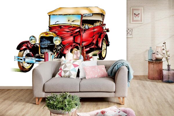 DIMEX | Vliesové fototapety na stenu Staré červené auto MS-5-1995 | 375 x 250 cm | modrá, červená, biela, hnedá