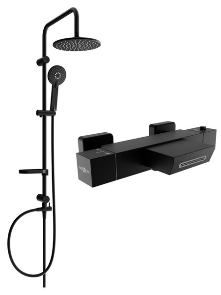 Mexen Carl, sprchový set s dažďovou sprchou a CUBE termostatickou vaňovou batériou, čierna matná, 77360240-70