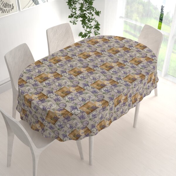 Biante Dekoračný oválny obrus PML-099 Levandule s motýlikmi a srdiečkami na béžovom 50x100 cm
