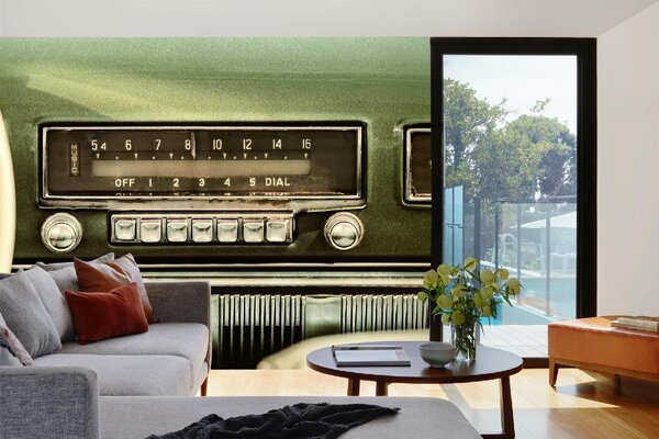 DIMEX | Vliesové fototapety na stenu Rádio v starom aute MS-5-2187 | 375 x 250 cm | zelená, čierna, metalická