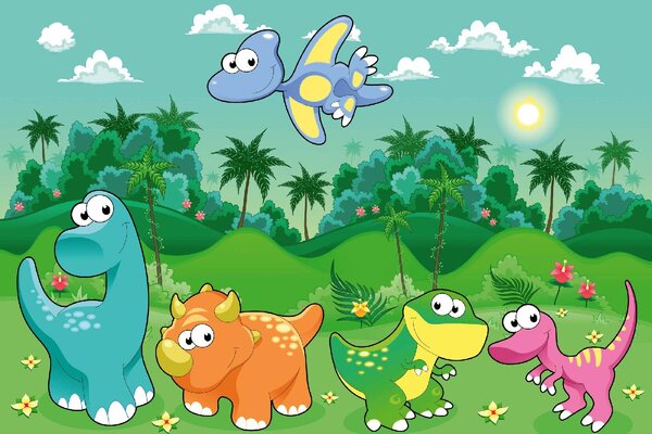 DIMEX | Vliesové fototapety na stenu Dinosaury v lese MS-5-1464 | 375 x 250 cm | zelená, modrá, oranžová, ružová