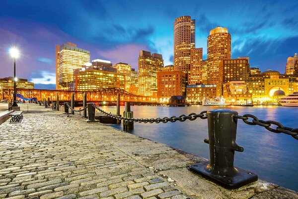 DIMEX | Vliesové fototapety na stenu Panoráma Bostonu MS-5-2939 | 375 x 250 cm | modrá, žltá, oranžová, šedá