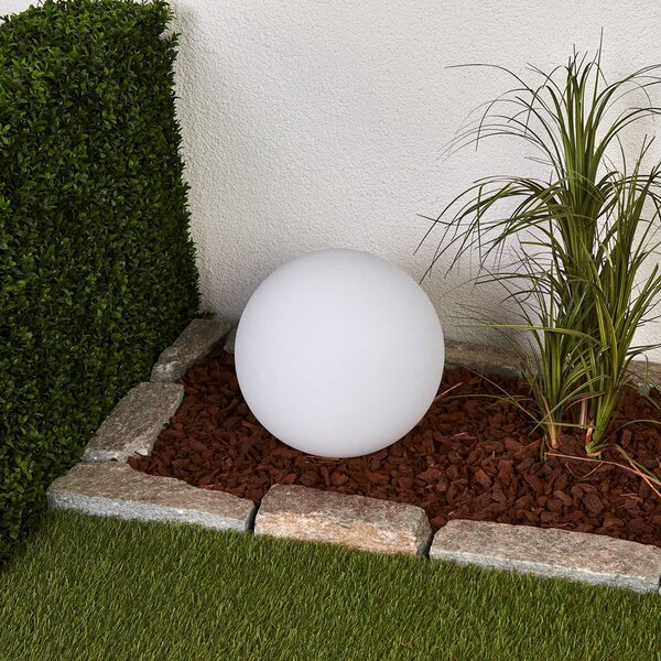 Lindby LED solárna lampa Lago, Ø 30 cm, guľa, zemný hrot, biela, Biela / opálová, Plast, Moderný, Solárne svietidlá