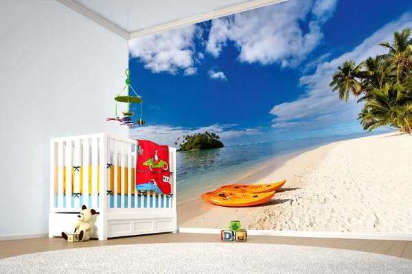 DIMEX | Vliesové fototapety na stenu Dva kajaky na pláži MS-5-3259 | 375 x 250 cm | zelená, modrá, biela, krémová, oranžová