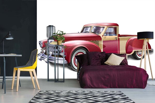 DIMEX | Vliesové fototapety na stenu Červené retro auto MS-5-2188 | 375 x 250 cm | červená, biela, žltá
