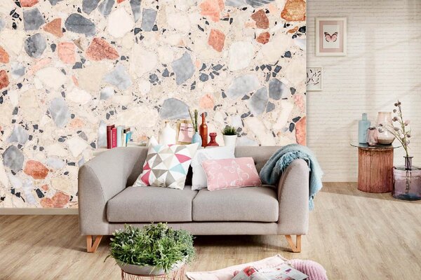 DIMEX | Vliesové fototapety na stenu Terrazzo podlahová textúra MS-5-2348 | 375 x 250 cm | modrá, červená, biela, oranžová