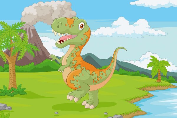 DIMEX | Vliesové fototapety na stenu Tyranosaurus v džungli MS-5-1465 | 375 x 250 cm | zelená, modrá, oranžová, hnedá