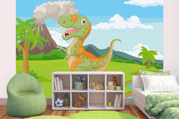 DIMEX | Vliesové fototapety na stenu Tyranosaurus v džungli MS-5-1465 | 375 x 250 cm | zelená, modrá, oranžová, hnedá