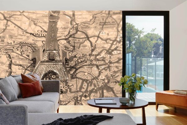 DIMEX | Vliesové fototapety na stenu Eiffelova veža na mape MS-5-1545 | 375 x 250 cm | béžová, žltá, metalická