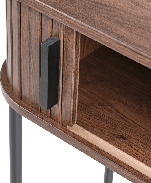Konzolový stôl tmavohnedý čierne nohy MDF kov 80 x 30 cm retro štýl posuvné dvierka obývacia izba