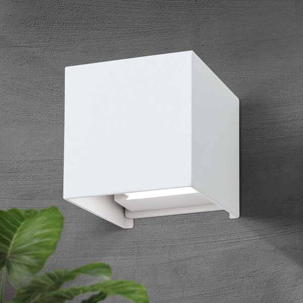 LED vonkajšie nástenné svietidlo Cube, biele, kovové, 10 cm, smer svetla, Biela / opálová, Hliník, Moderný, Nástenné svietidlo