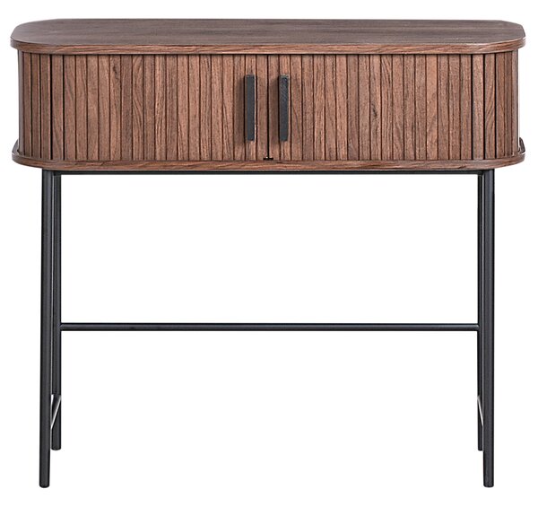 Konzolový stôl tmavohnedý čierne nohy MDF kov 80 x 30 cm retro štýl posuvné dvierka obývacia izba