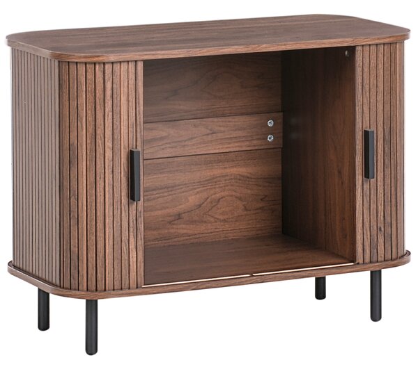 Komoda tmavohnedá čierne nohy MDF kov posuvné dvierka úložný priestor retro štýl obývacia izba