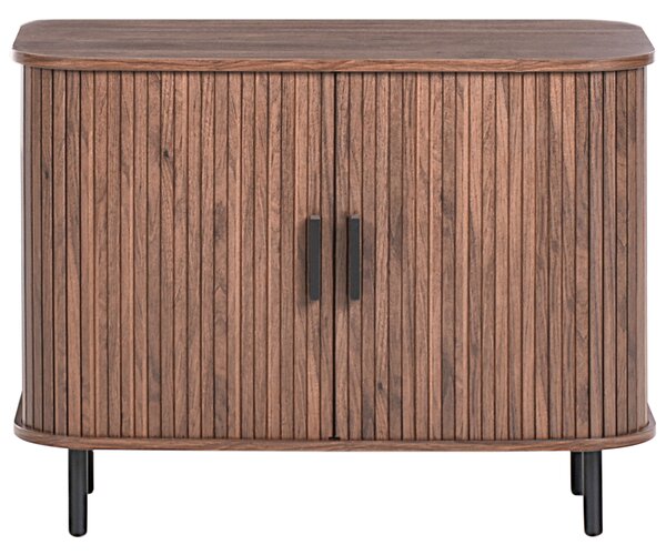Komoda tmavohnedá čierne nohy MDF kov posuvné dvierka úložný priestor retro štýl obývacia izba
