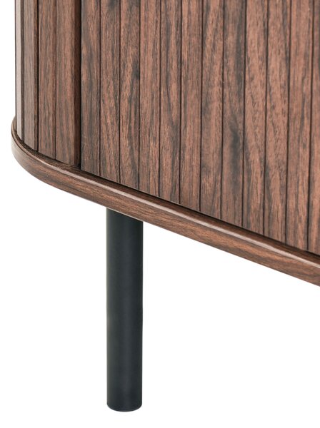 Komoda tmavohnedá čierne nohy MDF kov posuvné dvierka úložný priestor retro štýl obývacia izba