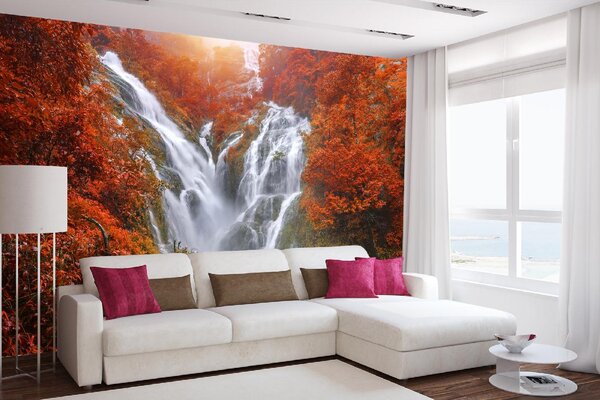 DIMEX | Vliesové fototapety na stenu Vodopád Thi Lo Su MS-5-3180 | 375 x 250 cm | zelená, biela, oranžová