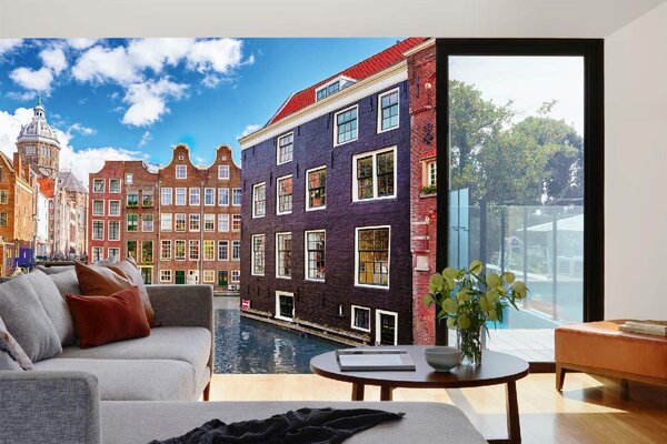 DIMEX | Vliesové fototapety na stenu Amsterdamské nábrežie MS-5-1242 | 375 x 250 cm | modrá, biela, šedá