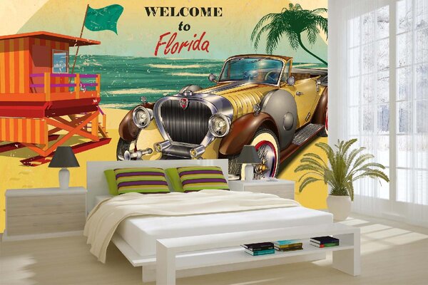 DIMEX | Vliesové fototapety na stenu Florida retro plagát MS-5-2173 | 375 x 250 cm | zelená, červená, žltá, hnedá
