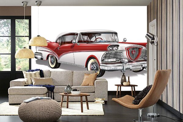 DIMEX | Vliesové fototapety na stenu Červeno-biele retro auto MS-5-2189 | 375 x 250 cm | červená, biela, metalická