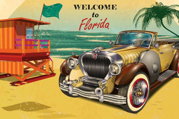 DIMEX | Vliesové fototapety na stenu Florida retro plagát MS-5-2173 | 375 x 250 cm | zelená, červená, žltá, hnedá