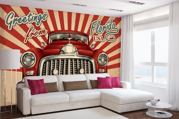 DIMEX | Vliesové fototapety na stenu Ceduľa - Retro auto MS-5-2221 | 375 x 250 cm | modrá, červená, béžová, metalická