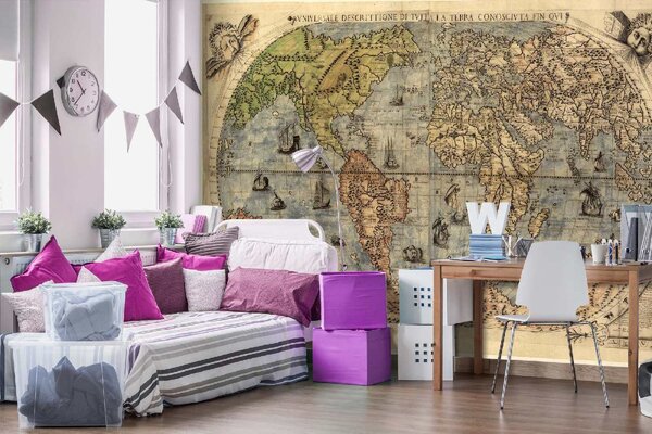 DIMEX | Vliesové fototapety na stenu Staroveká mapa sveta MS-5-1499 | 375 x 250 cm | zelená, biela, béžová