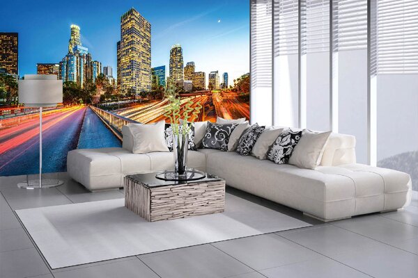 DIMEX | Vliesové fototapety na stenu Los Angeles v noci MS-5-2973 | 375 x 250 cm | modrá, červená, žltá, oranžová