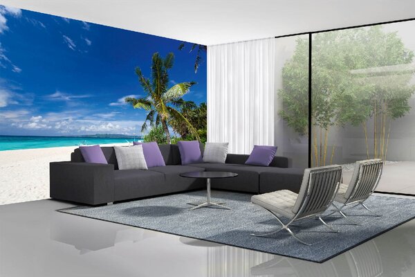 DIMEX | Vliesové fototapety na stenu Pláž Puka Shell MS-5-3229 | 375 x 250 cm | zelená, modrá, biela